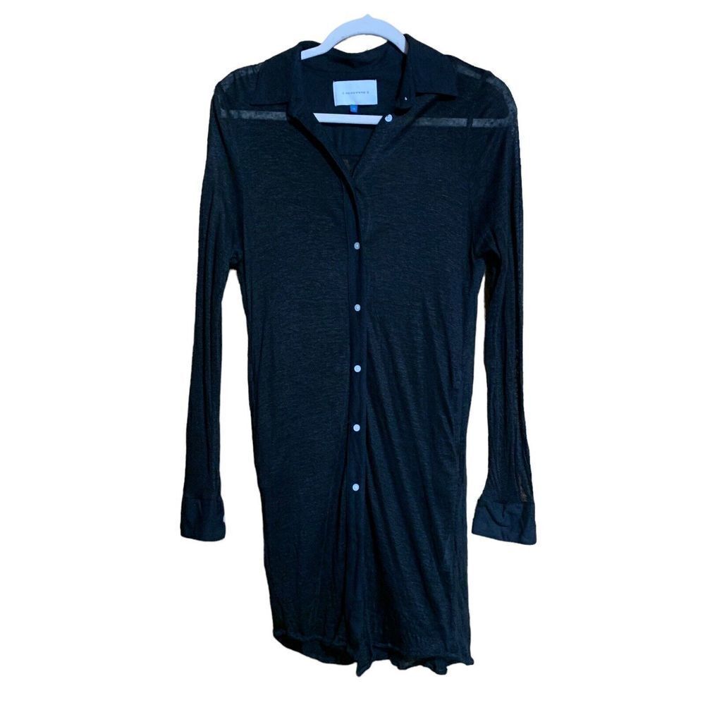 Solid & Striped Size Medium Black Linen Blend Button Up Ruched Collared Tunic